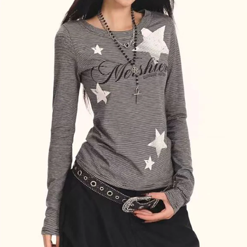 

Korean Women Long Sleeve T-shirt Graphic Gothic Print Punk Grunge Y2K Aesthetic Stars Print PulloversTee Tops Spring Fall Shirts