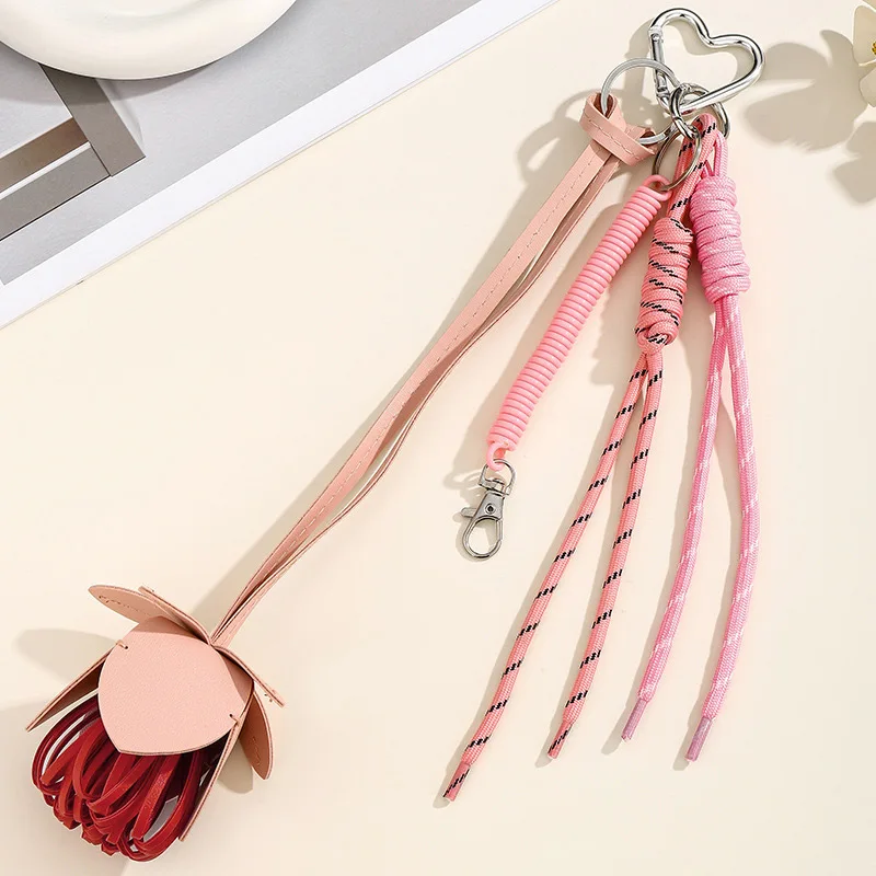 

Brand Flower Clothing Accessory High Quality Cowhide Bag Pendant Fashion Love Lock Braided Rope Useful Lanyard Keychain New Gift