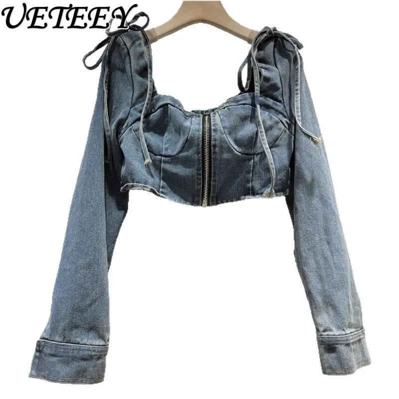Nowa kolekcja wiosna-lato 2026: Niszowe, designerskie, dżinsowe bluzki z odkrytymi ramionami, krótkie topy, seksowne, sznurowane, dopasowane kurtki eksponujące pępek.