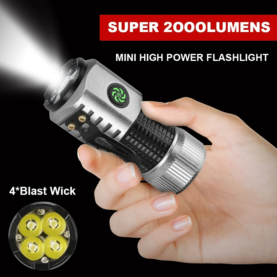 2000LM Powerful EDC Flashlight 4*SST20 LED Mini Torch with Tail Magnet and Clip USB Rechargeable Outdoor Camping Fishing Lantern