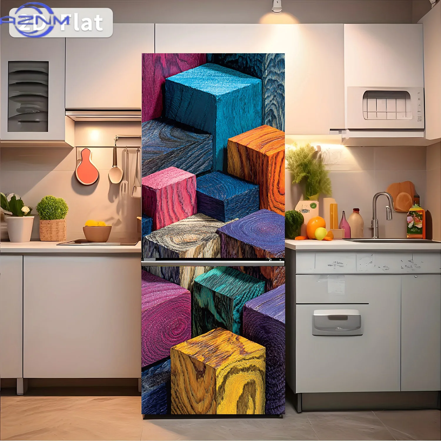 [2D Flat Printing] 1pc Fridge Magnet Sticker Colorful Wooden Cube Beauty Themed Design Wall Decoration Self-Adhesive Suitable