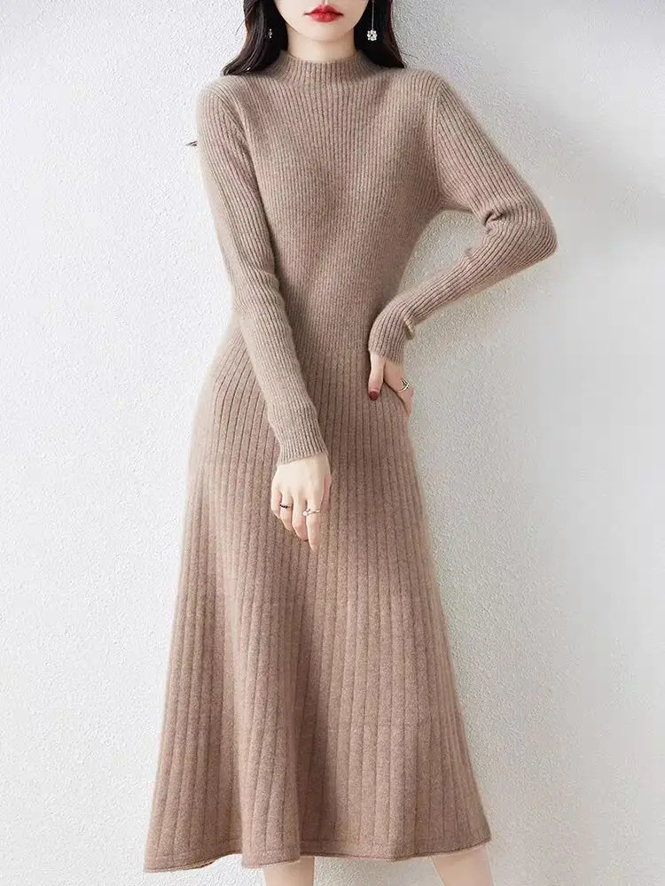 Vestido largo de punto con cuello redondo para mujer, jerséis de estilo largo, invierno y otoño, novedad de 2024