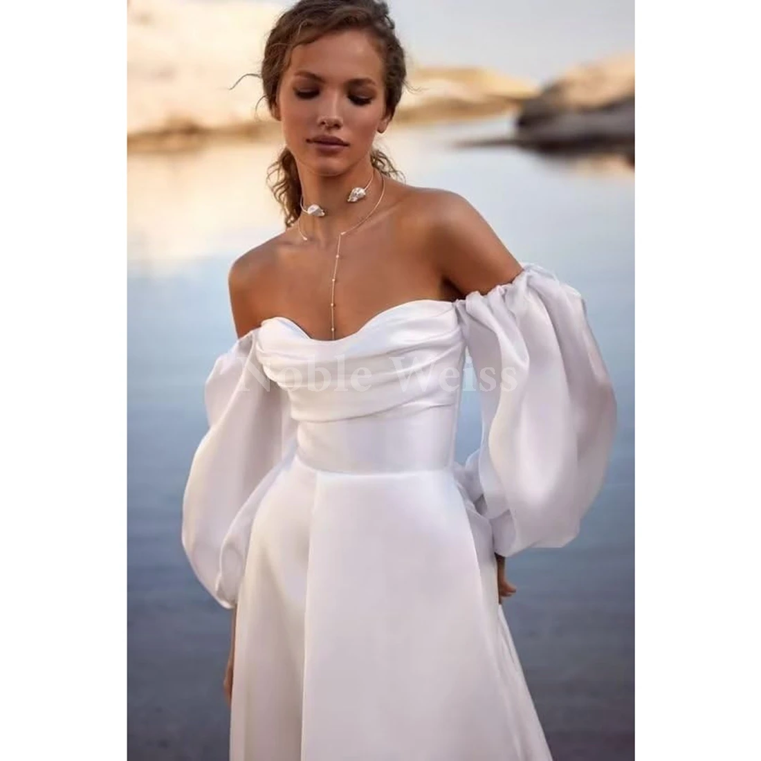 Abito da ballo in organza con spalle scoperte Abito da sposa con maniche a sbuffo per abiti da sera formali a maniche lunghe da sposa con spacco personalizzato