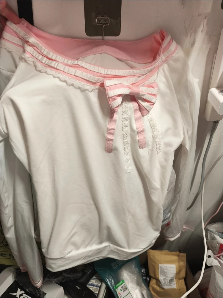 Camiseta de Manga Larga Estilo Japonés Harajuku Y2K, Dulce y Kawaii, para Mujer, Color Rosa, con Lazo y Encaje, Cuello Marinero, Corte Ajustado, Informal, para Uso Diario
