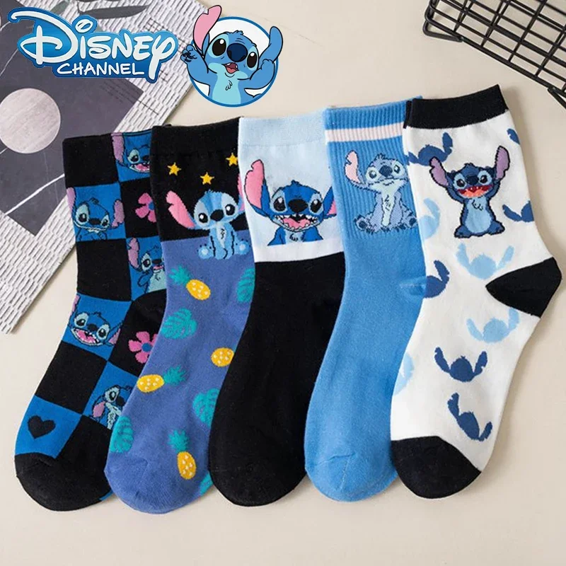 Disney Cute Stitch Socks Anime Cartoon Combed Cotton Midtube Female Socks for Girls Creative Fashion Mid-leg Socks Size 34-42