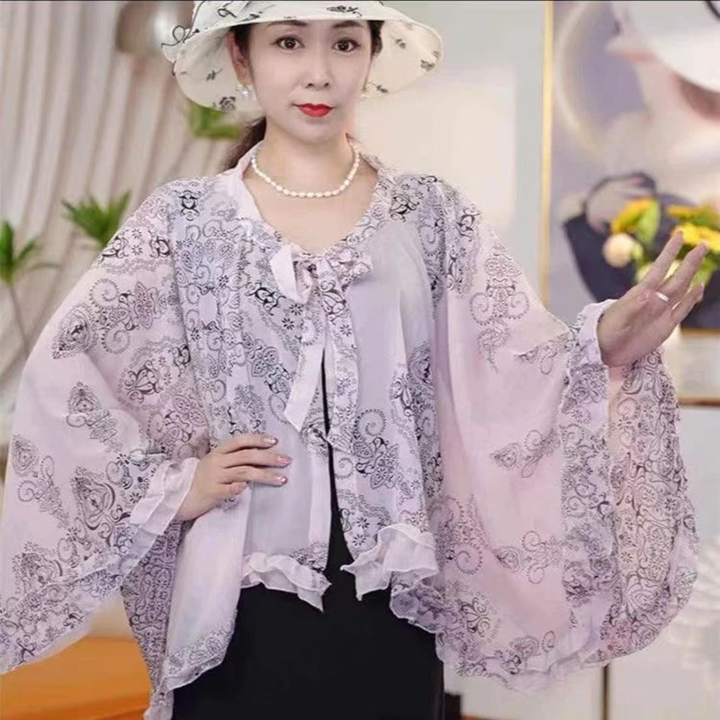 

Весенне-летняя шифоновая рубашка с бантом и цветком, женские блузки, повседневная свободная солнцезащитная одежда, кардиган, пальто, шаль, топ, нерегулярная форма