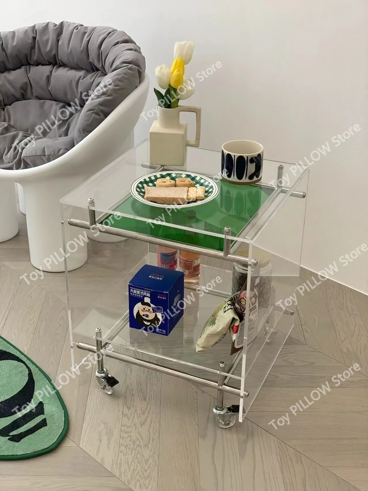 Acrylic edge few trolley storage cabinet living room mobile coffee table home balcony bedside  ins transparent corner 