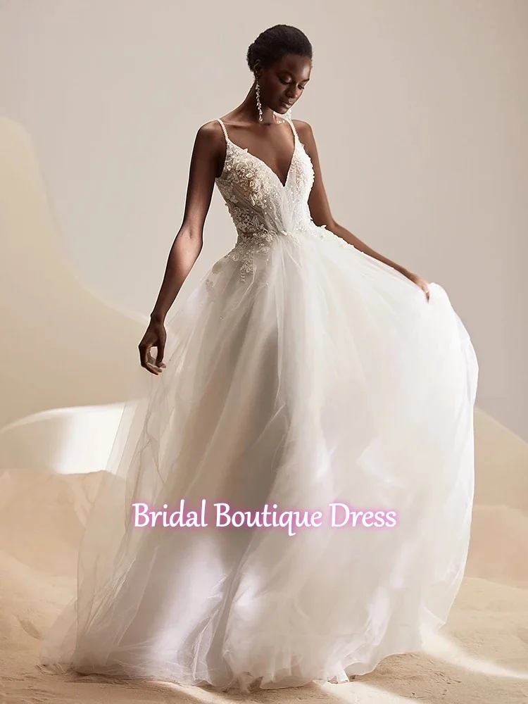 

Sexy Spaghetti Straps V Neck Wedding Dress Customized Beading Applique Illusion Bridal Gown Sweep Train Bride Dresses