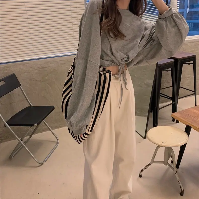 Jersey holgado de cintura alta para mujer, Jersey corto blanco de manga larga, Top corto de estilo coreano para otoño