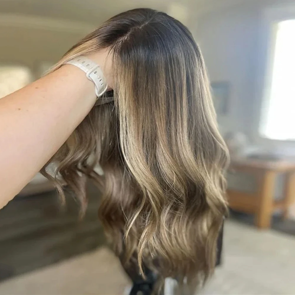 Brunette Balayage Lace Frontal Wig Rooted Heat Friendly Synthetic Wig Highlights Bouncy Wavy Wig for White Black Women 26Inch