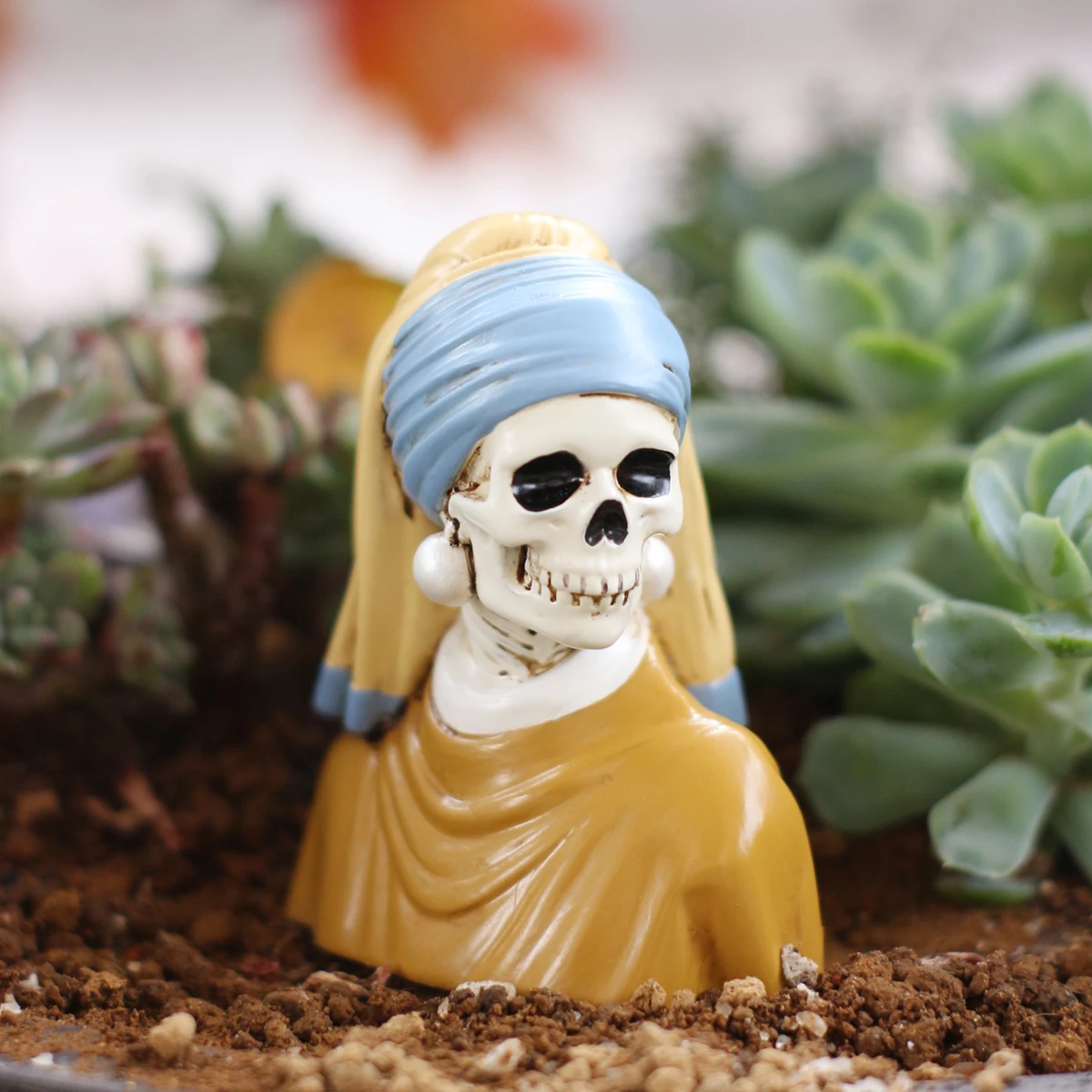 1pc Halloween Skeleton Girl With Pearl Earring Resin Statue Gothic Art Parody Home Outdoor Garden Decor