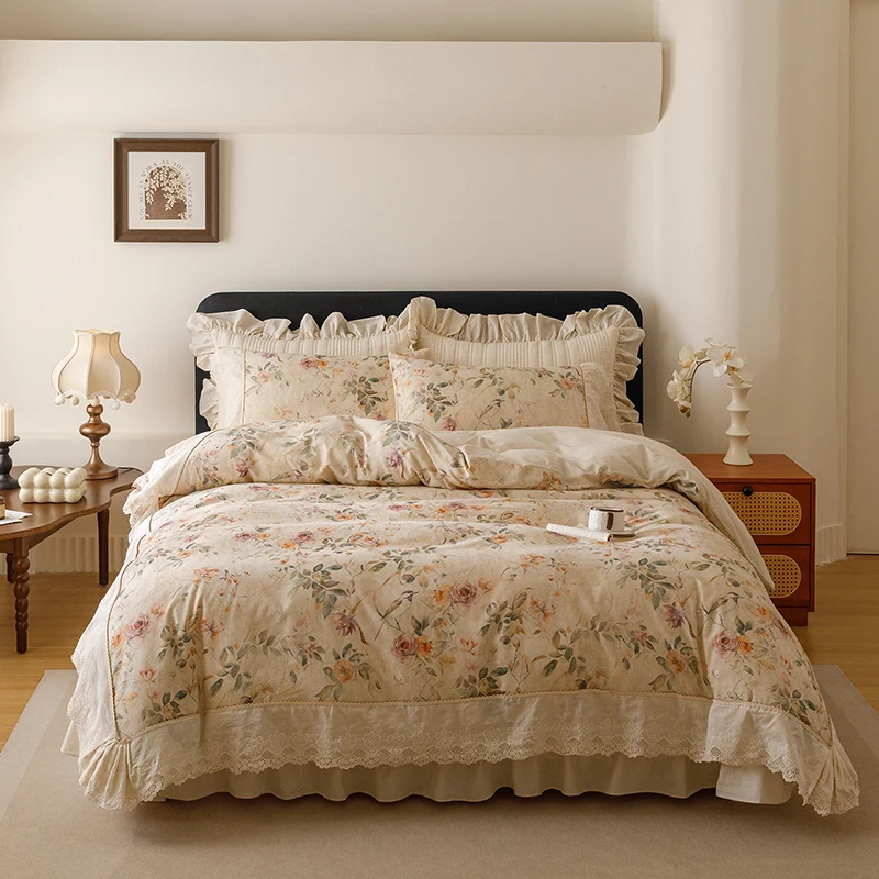 

Vintage French Country Floral Bird Print Lace Bedding Set Cotton Linen Blend Duvet Cover Quilted Bedspread Pillowcases 4/6Pcs