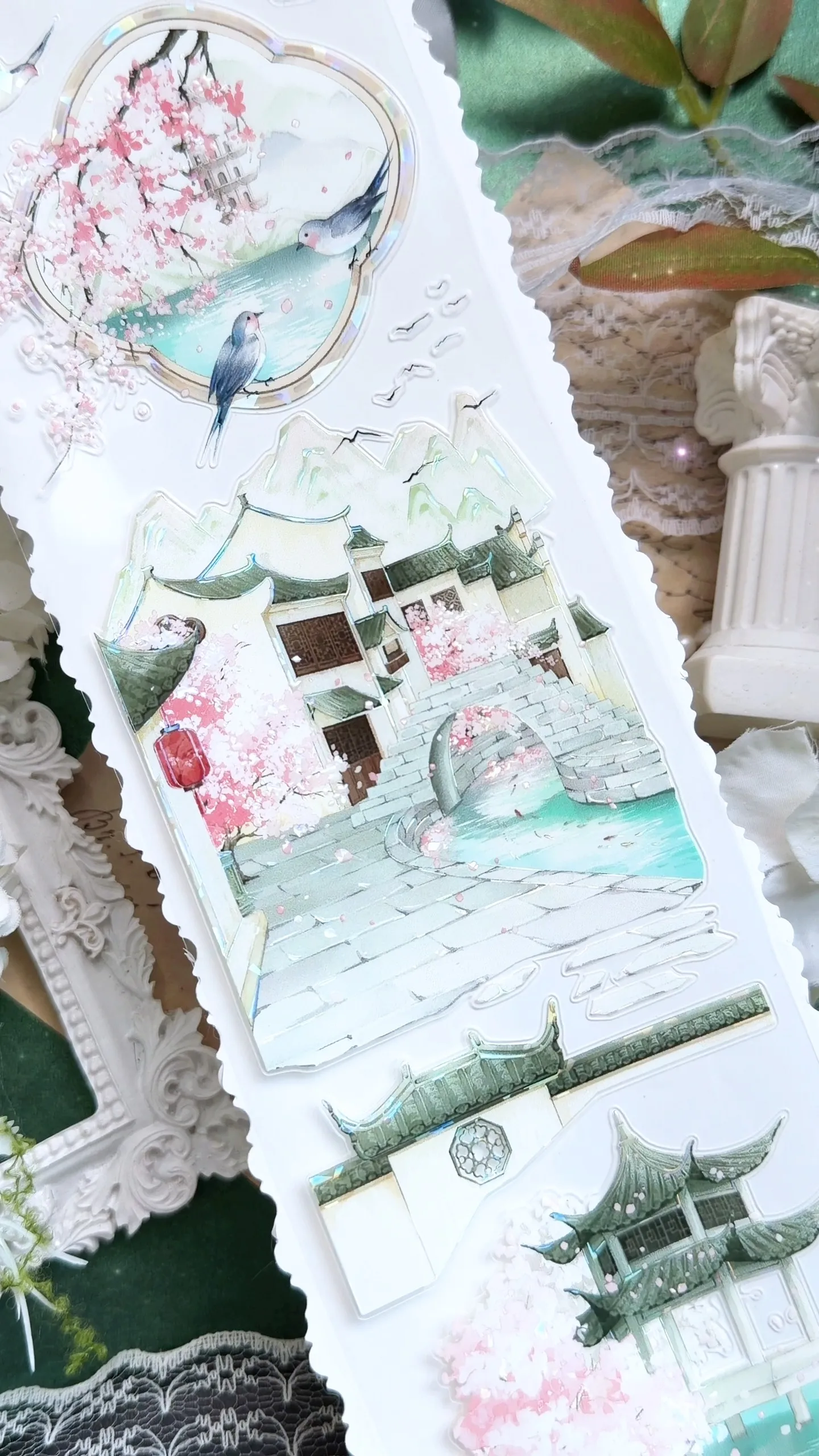 Xi Shan Xiao Du Chinese Style Shell Glitter PET Tape, Pre-cut Bobo Fish Sticker for Journal Scrapbooking DIY Craft Decor