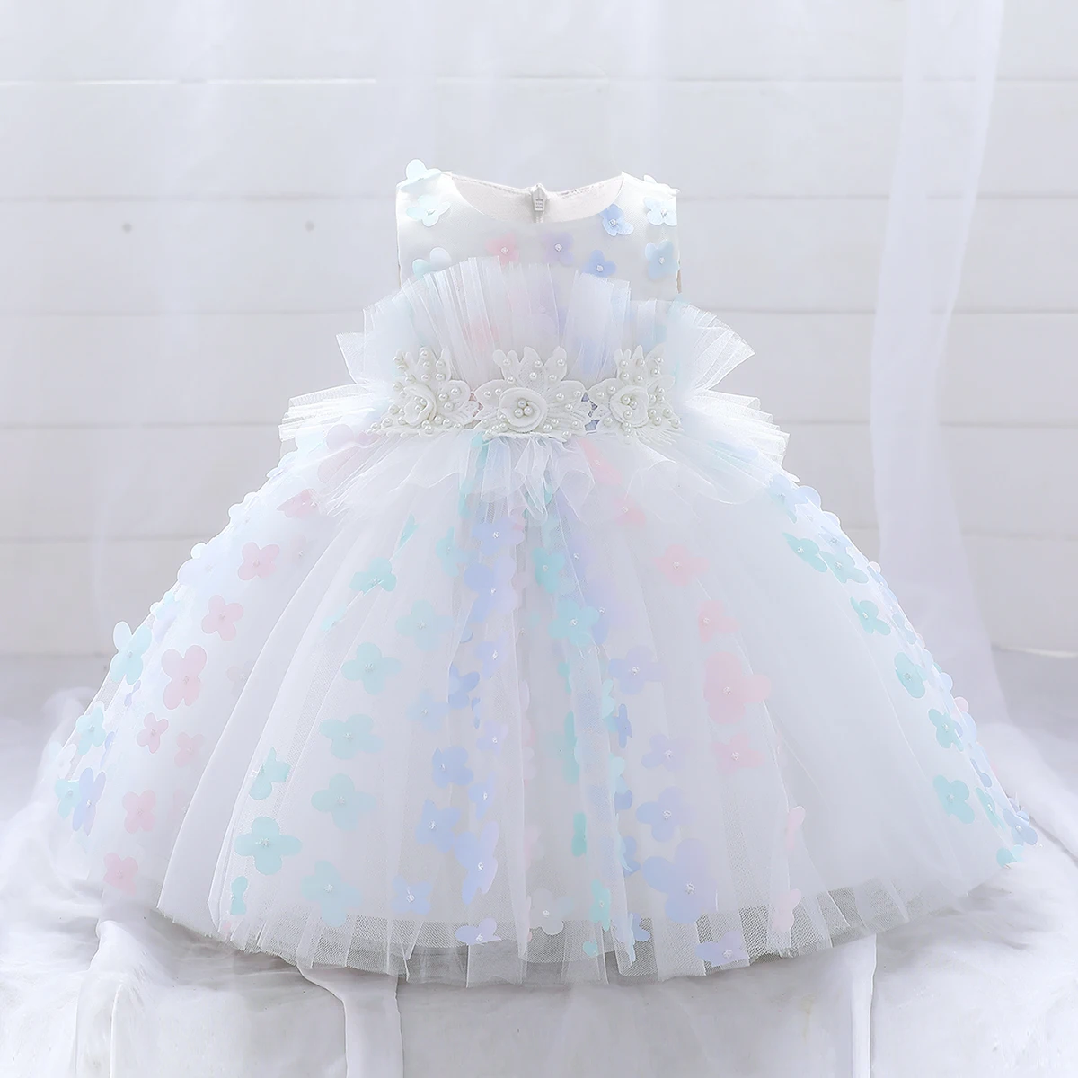 Summer Flower White Wedding Baby Girls Dresses Toddler Newborn Baptism 1st  Birthday Bow Lace Princess Dress Party Child Clothes