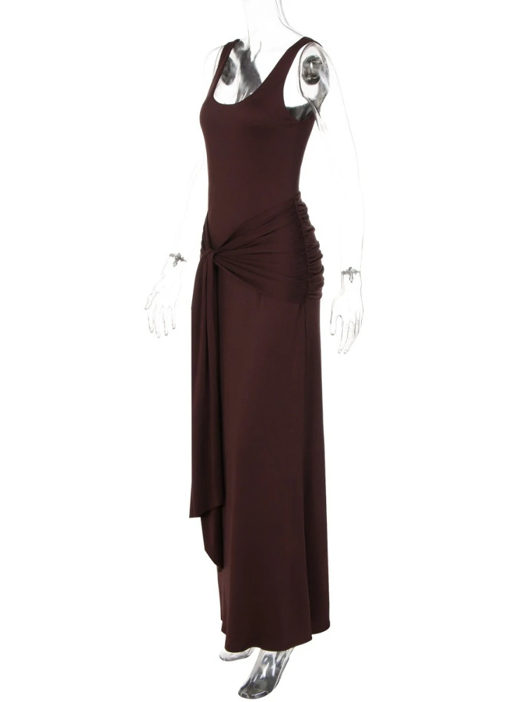 SsTss エレガントな U ネック ノースリーブ ボディコン ロングドレス レディース ソリッドカラー リボン タイアップ シャーリング スリム マキシドレス デートナイトパーティー用