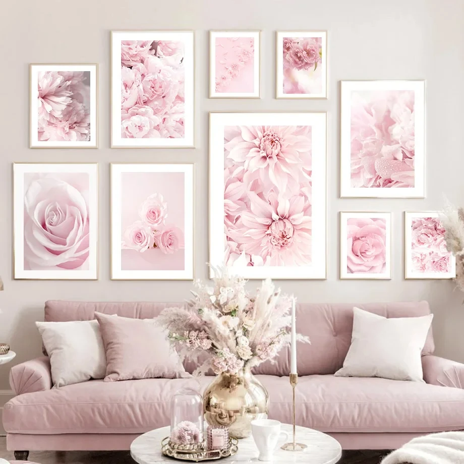 Fashion Pink Flower Rose Peony MinimalistWall Art Canvas Painting Printmaking PosterLiving Room Interior Home Decoration Picture