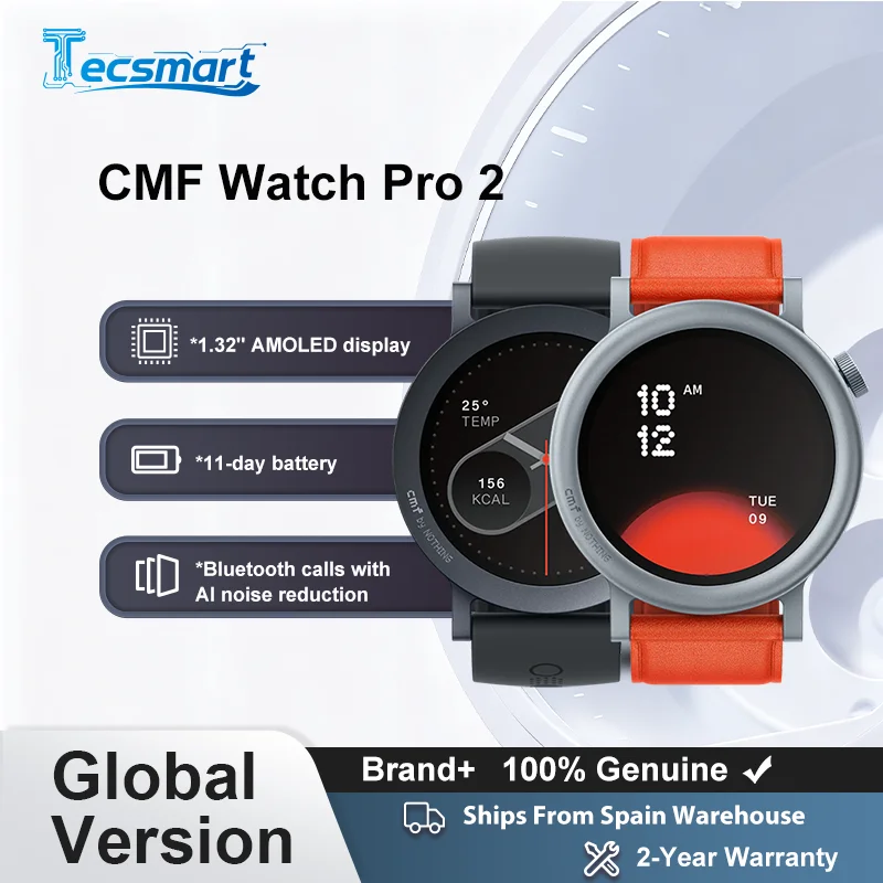 Version Globale Cmf by Nothing Watch Pro 2 Écran Amoled 1.32" Appels Bluetooth avec Réduction de Bruit IA Cmf Watch Pro 2