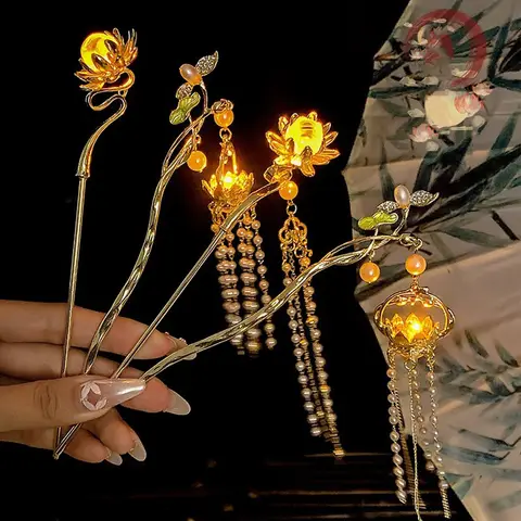 Luminous Flower Hairpin For Women Creative Lotus Emit Light Lantern Tassel Hair Stick Vintage Chinese Style Metal Hair Accessory