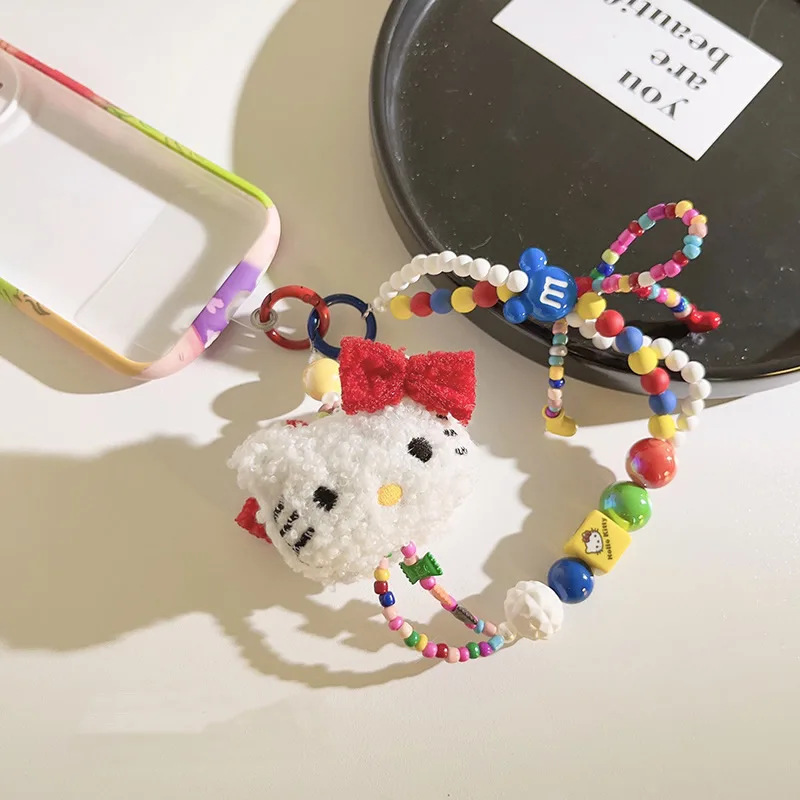 Sanrio Cute Hello Kitty Colorful Beaded Keychain Cartoon Plush Hanging Chain Phone Strap Wrist Strap Backpack Pendant Girl Gifts