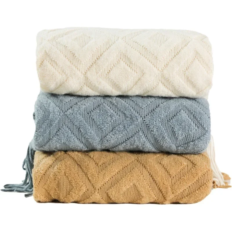Knitted Blanket with Tassel  Fashional Jacquard Small Blanket Diamond Shaped American Casual Blanket For Home Bed Travel Nap