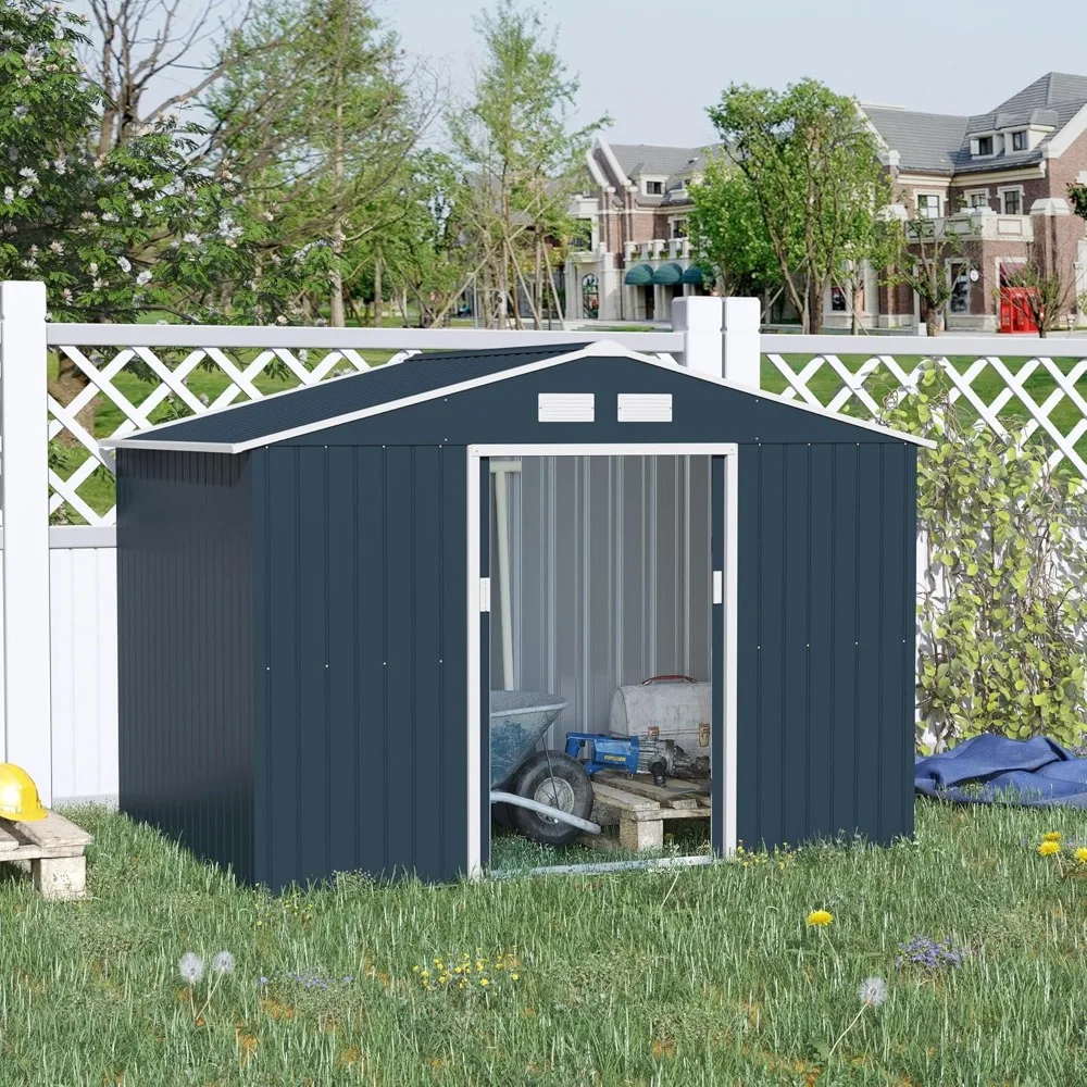 9' x 6' Outdoor Storage Shed, Garden Tool House with Foundation Kit, 4 Vents and 2 Easy Sliding Doors for Backyard, Dark Gray