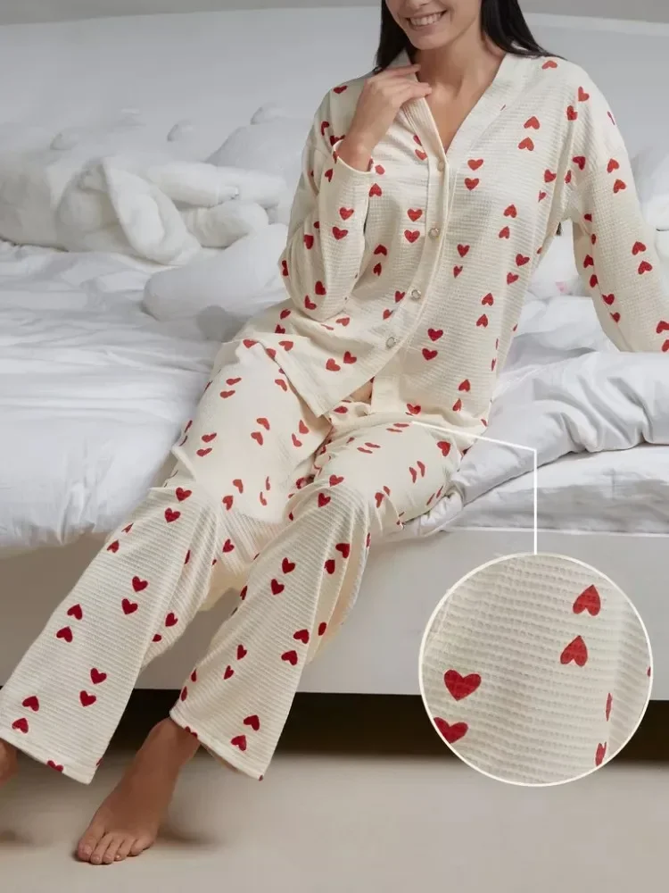 Autumn Winter Women 2-Piece Pajamas Set Sleepwear Wafflefabric Love Printed Long-Sleeved Shirt and Long Pants Set Loungewear