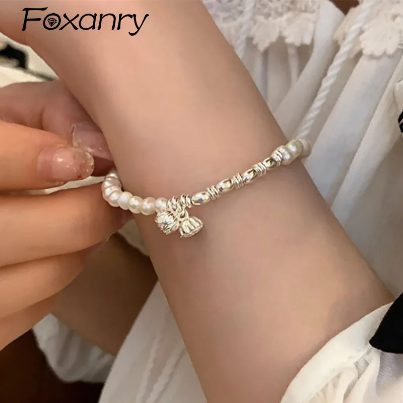 Foxanry Lotus Geometric Pearl Bracelet For Women Girl New Fashion Simple Elegant Sweet Handmade Wedding Party Bride Jewelry Gift