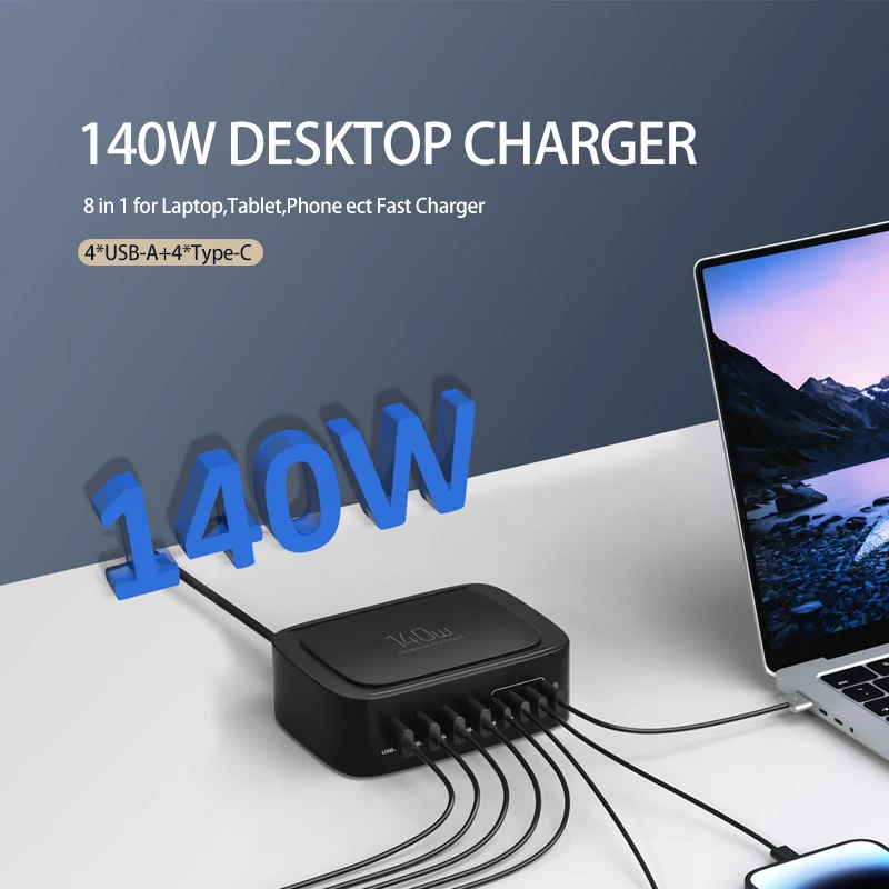 140W 8-Port Multi USB Charger QC3.0 PPS USB C Fast Charger Station For MacBook Laptop Pro Phone iPhone 14 13 Cellphone Charger