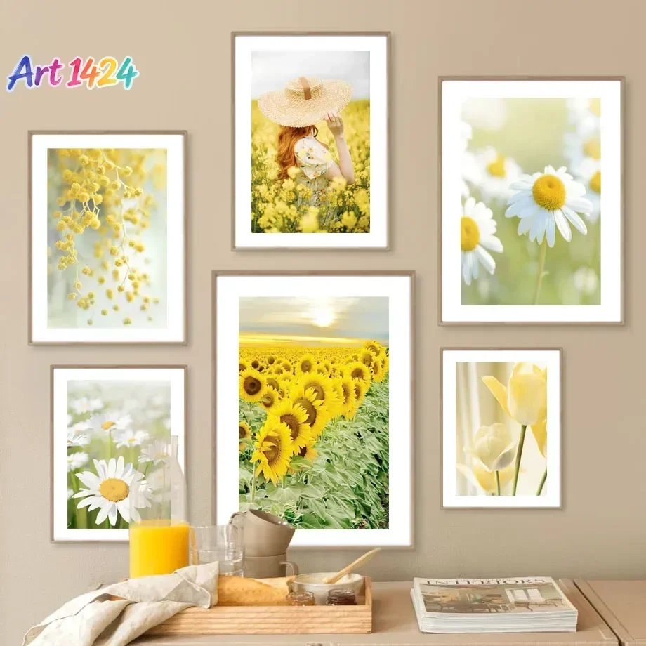 1pc frameless Canvas painting Yellow Idyllic Sunflower Girls Flower Nordic Posters And Prints Canvas Painting Wall Art Pictur