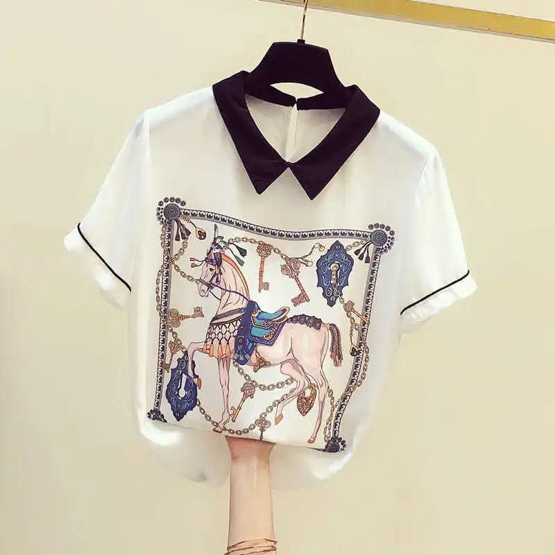 Korean Casual Printed Spliced Chiffon Shirt for Women Summer Fashion All-match Short Sleeve Polo-Neck Blouse Female Clothing