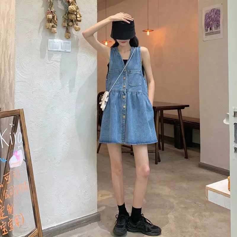 Suspender Dress Women Denim Short Dresses A Line Vestidos Single Breasted V Neck Sleeveless Elegant High Street Beach Summer - view 3
