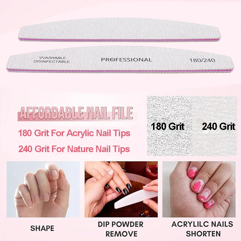 5/10/15Pcs 180/240 Grit Nail Files Banana Shaped Double-Sided Sanding Buffer, Professional Manicure Supply Set for Salon & Home