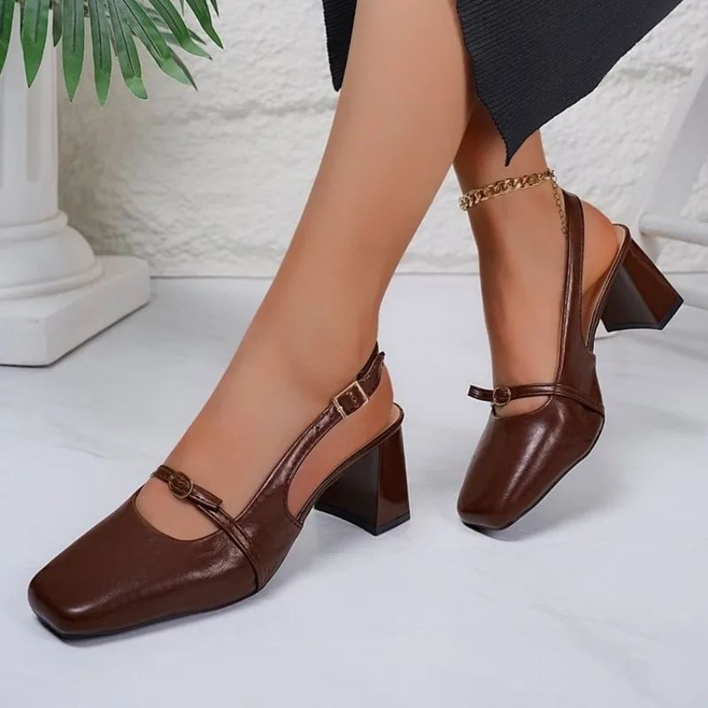 

Women's Versatile Mary Jane One Word Buckle Back Empty High Heels 2026 New Baotou Sandals Block Heel Single Shoes