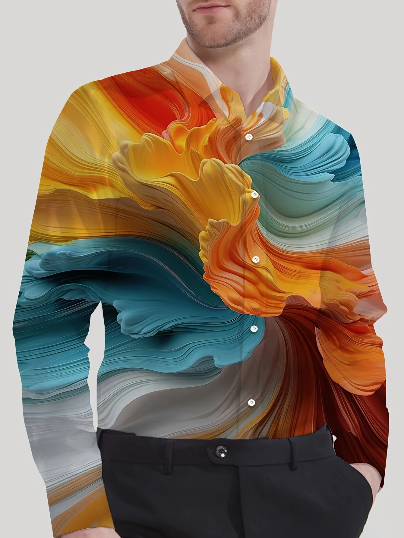 Men'S Stylish Dopamine Splicing Patterned Shirt - Long Sleeve, Button-Up, Lapel Collar, 