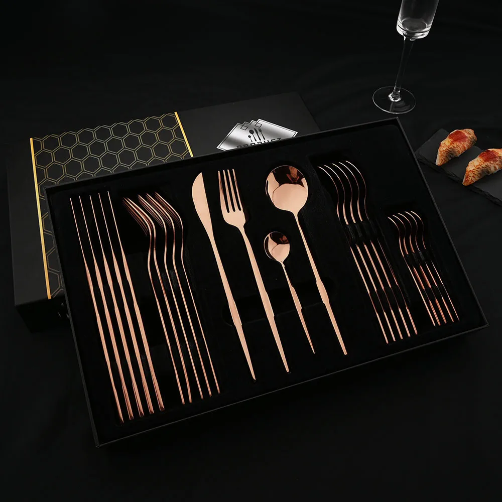 Rose Gold Luxury 24Pcs Cutlery Dinnerware Set Knife Fork Spoon Stainless Steel Tableware Western Kitchen Silverware Set Gift Box