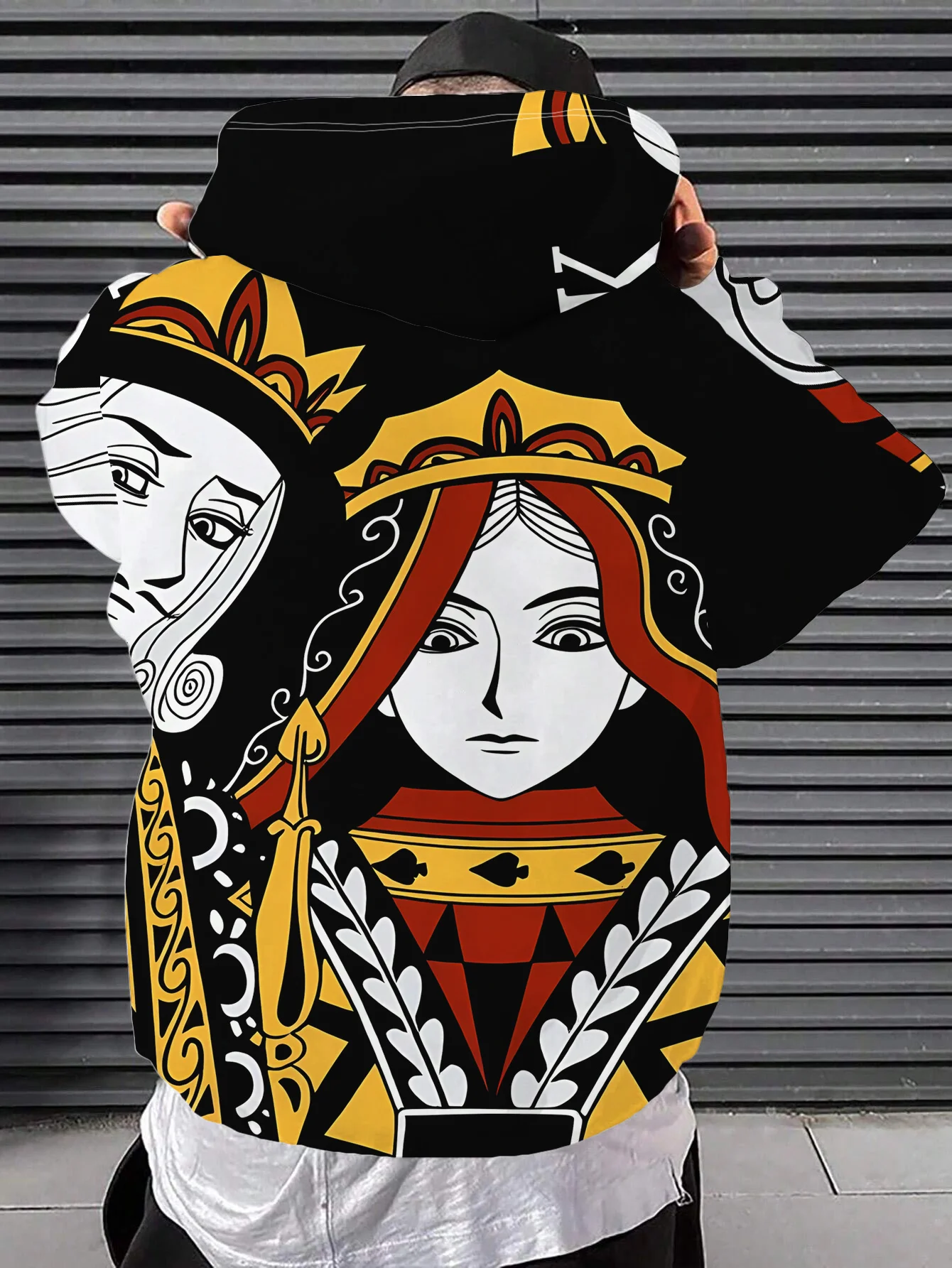 Men Classic Queen Poker Card Retro Crown 3D All Over Print Hoodie Drawstring Pocket Long Sleeve Casual Street Sweatshirt