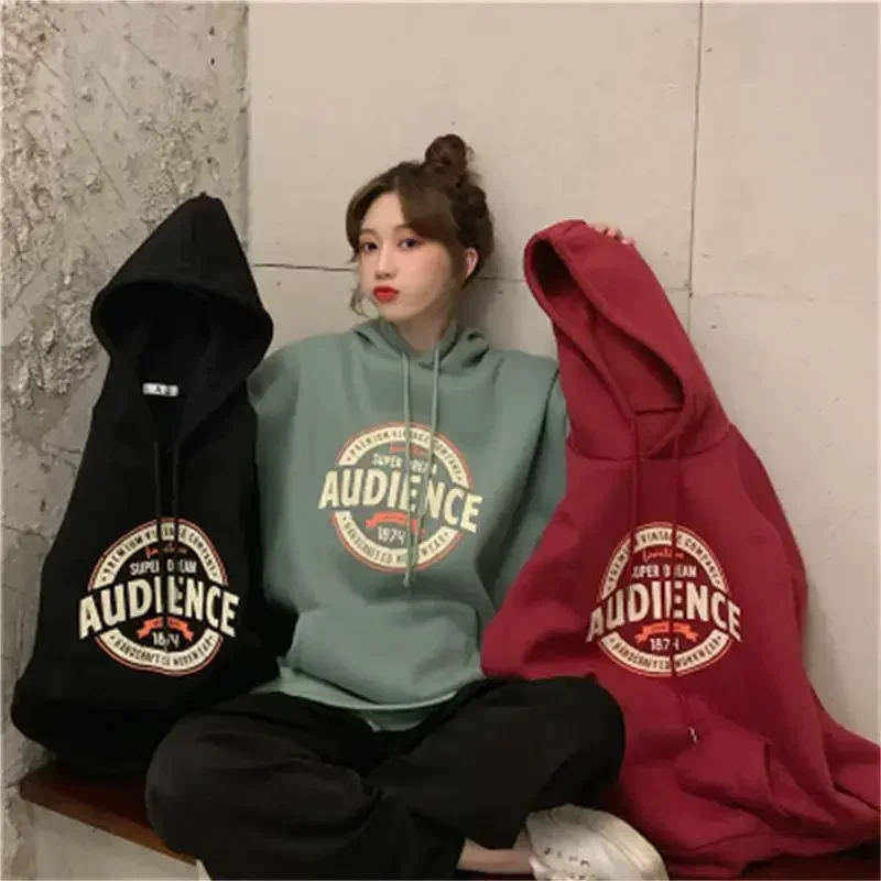 Thick Warm Women Letter Hoodies Korean Fashion Warm Fleece Loose Hoodie Brand Unisex Pullovers Autumn Female Hooded Sweatshirts