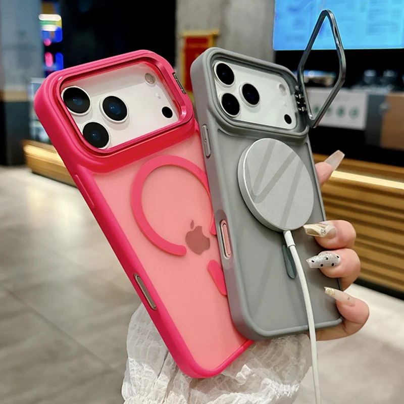 

Matte Translucent Camear Lens Stand Bracket Magnetic For Magsafe Case For iPhone 17 Air 16 15 14 Plus 13 12 11 Pro Max PC Cover