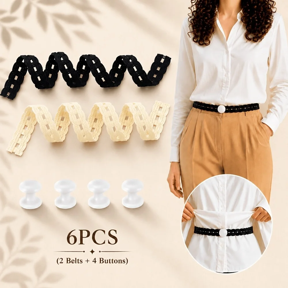 6PCS/Set (2 Strap+4 Buttons) Exquisite Lace Trimmed Hem Waistband Suitable for T-Shirts, Dresses, Shirts Shorten Clothing Length