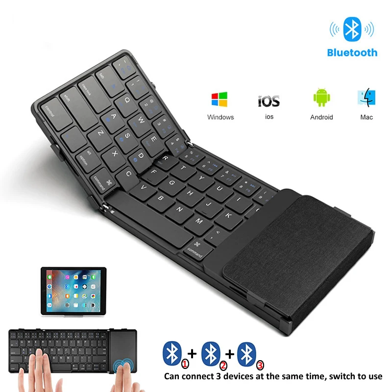 Folding Keyboard Tri-Folding Wireless Foldable Bluetooth Keyboard with Touchpad Rechargeable Mini Keyboard for Phone Desktop PC