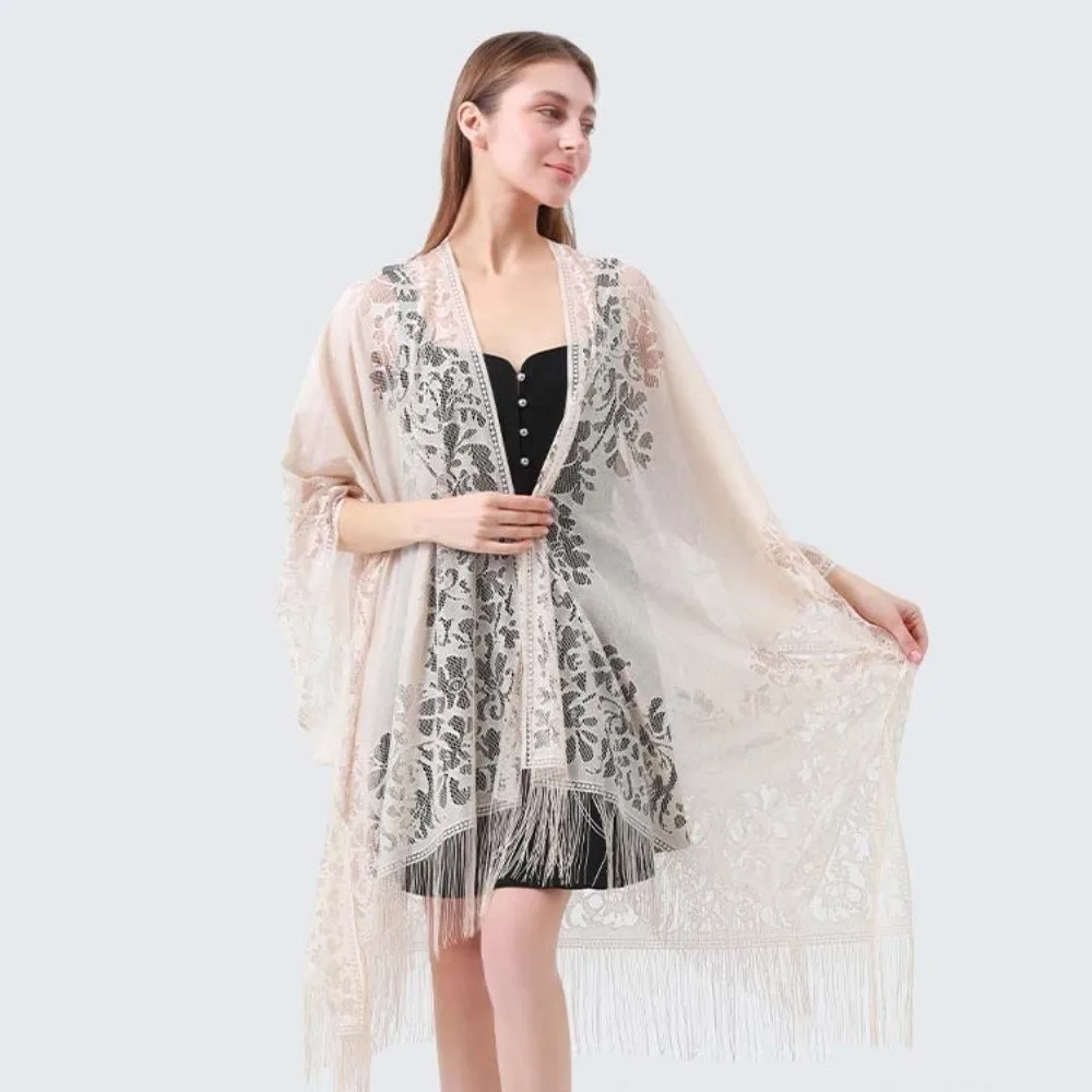 

Дышащий кружевной шарф с ажурным цветочным узором и кисточками, длинный, тонкий, большой, для защиты от солнца, впитывающий пот, однотонный