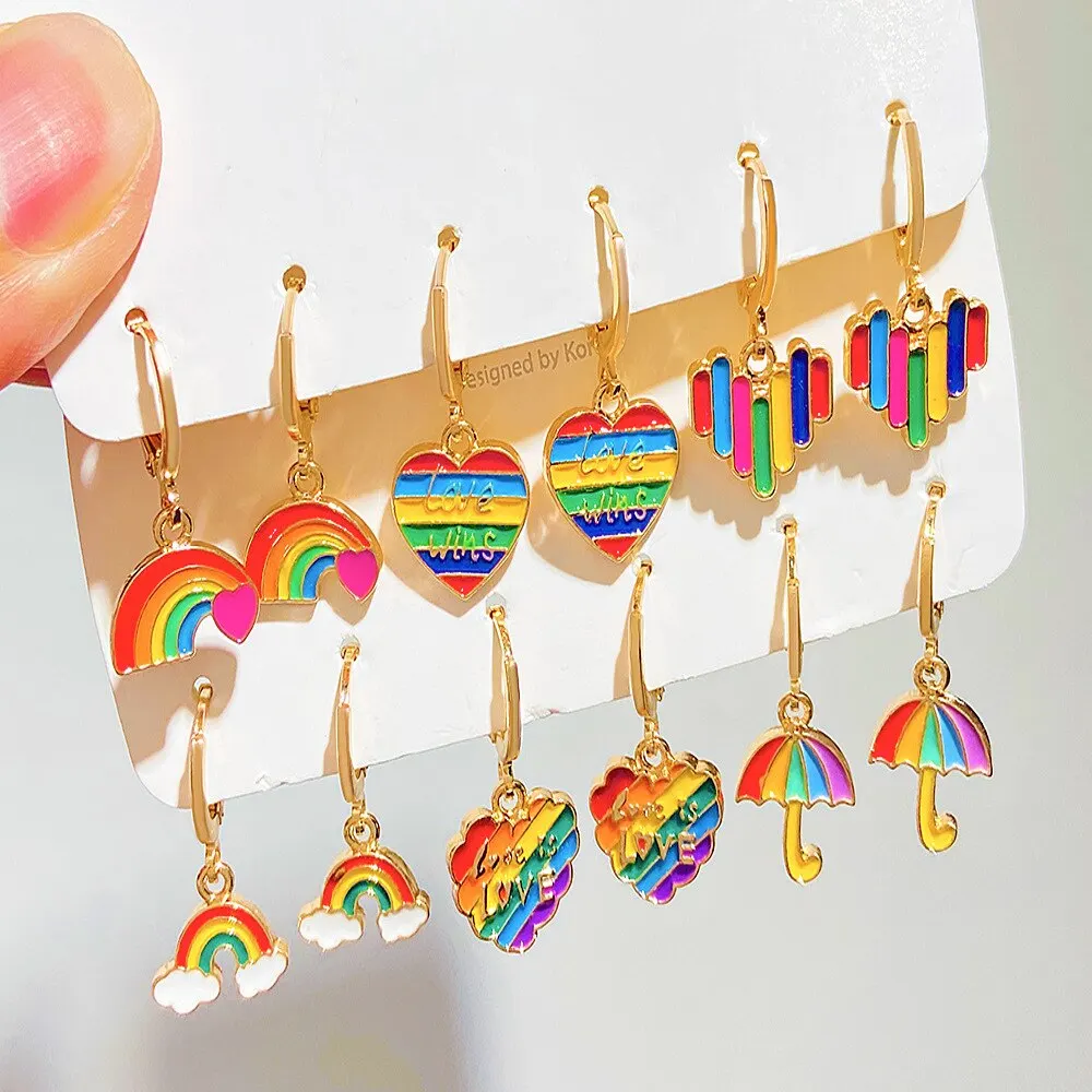 6 Pairs Set Boho Colorful Rainbow Love Heart Umbrella Drop Earrings for Women Wedding Bridal Kpop Piercing Earring Y2K Jewelry