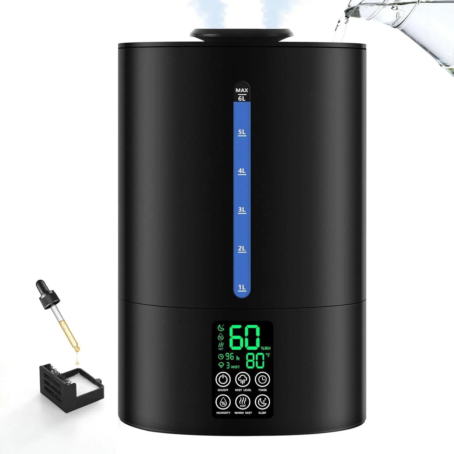 

6L Cool & Warm Mist Humidifier for Large Rooms, Top Fill Design with Essential Oil Diffuser and Sleep Mode