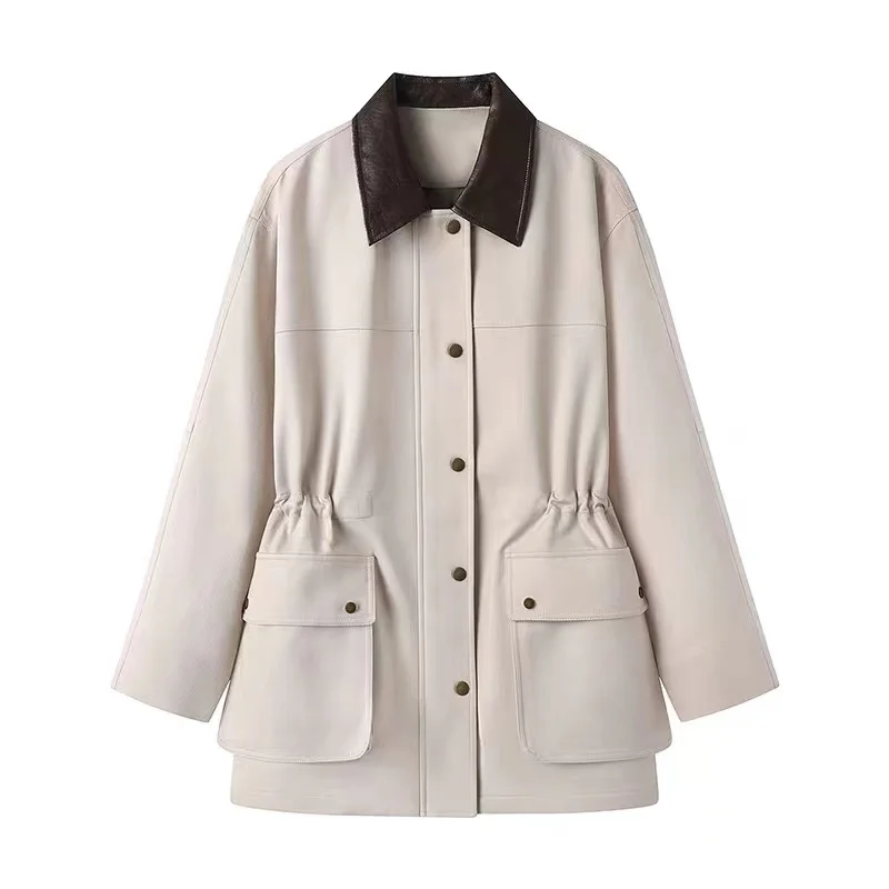 Faionable Casual Barn Sle Color Blo Leather Collar Loose Women's Coat Long Sve Mid-Length Single Button Closure