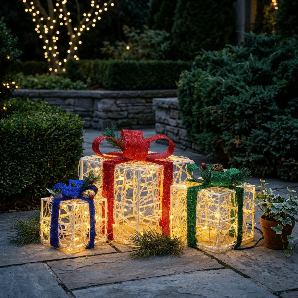 Set of 3 LED Lighted Christmas Gift Boxes Premium Lightweight Material Easy to Set Up Light Up Decorative Present Box Ornaments