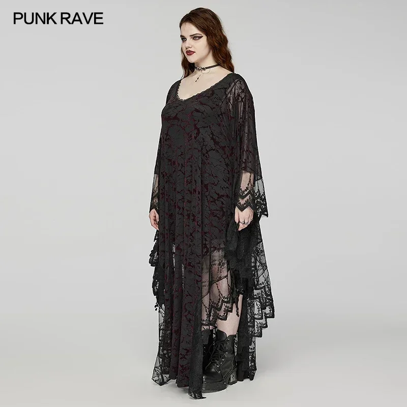 PUNK RAVE Gothic Elastic Knitted Large V-neck Bat Silhouette Dress Lace Flared Sleeves Party Club Black-red Long Dresses