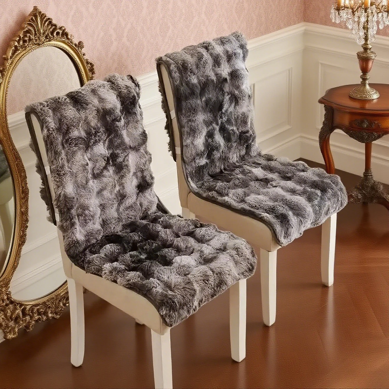 Faux Rabbit Fur Chair Cushion Winter Warm Square Non Slip Thickened Seat Pad with Backrest for Office Desk Dining Room Decor