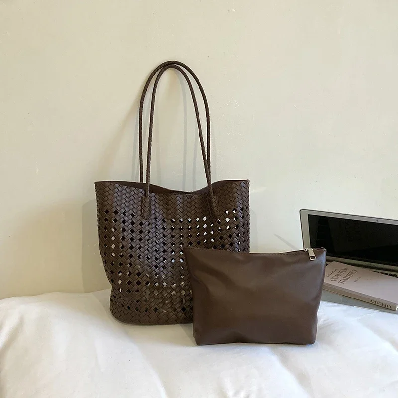Rattan-Geflochtene Hohle Schultertasche mit Passender Geldbörse, Sommer-Shopper für Markt, Strand und Pendeln, Leichte Handtasche mit Offener Webung – Detail 9