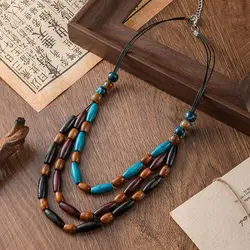 Bohemian Ethnic Wood Beads Multi Layers Necklaces Pendants Handmade Vintage Necklace for Women Daily Wear Fashion Jewelry