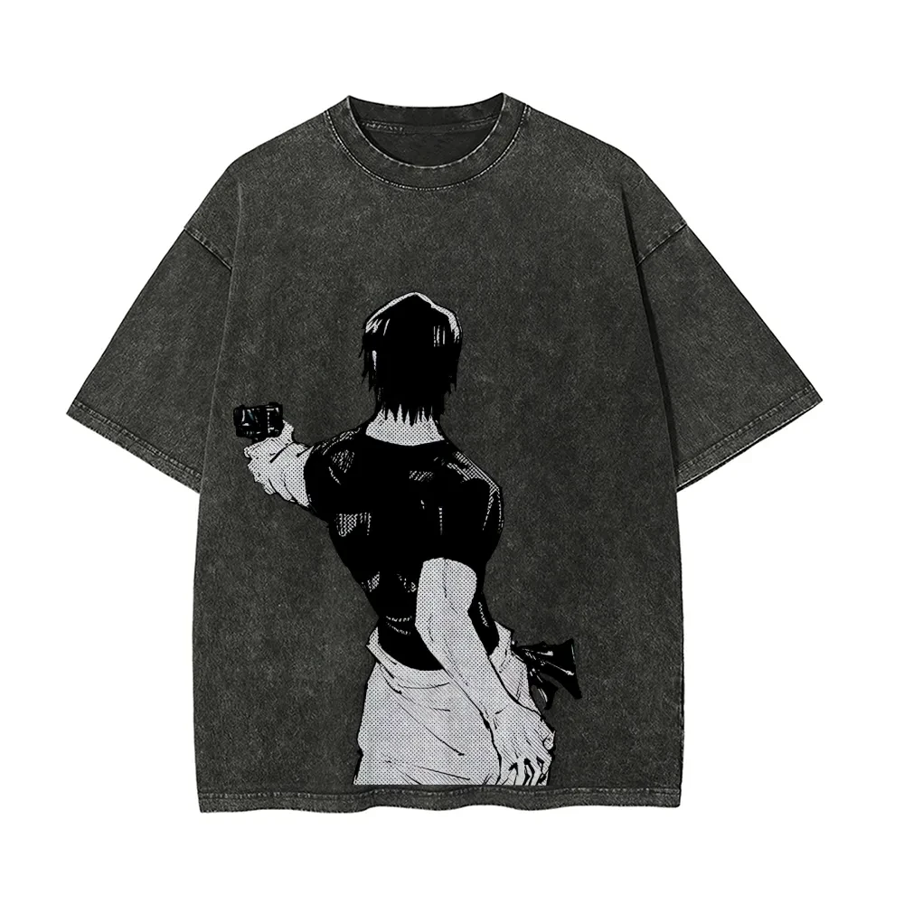 Jujutsu Kaisen T-Shirt Acid Wash Toji Fushiguro Waffen-Silhouette Grafik-T-Shirt Toji Rückansicht Manga Anime Shirt